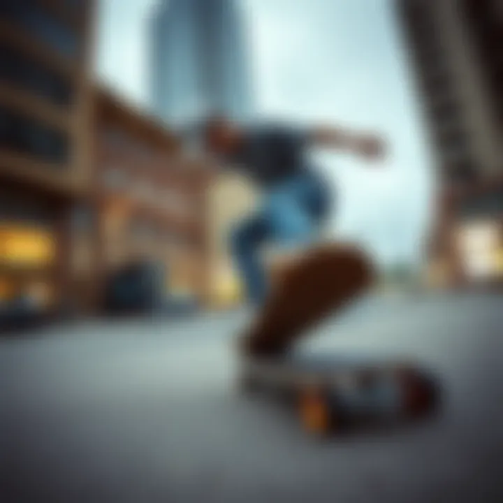 Urban Expression: Tricks on a Penny Skateboard Dynamic shot of a skater performing tricks with a penny skateboard in an urban setting