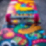 Close-up view of a vibrant penny skateboard deck showcasing intricate designs