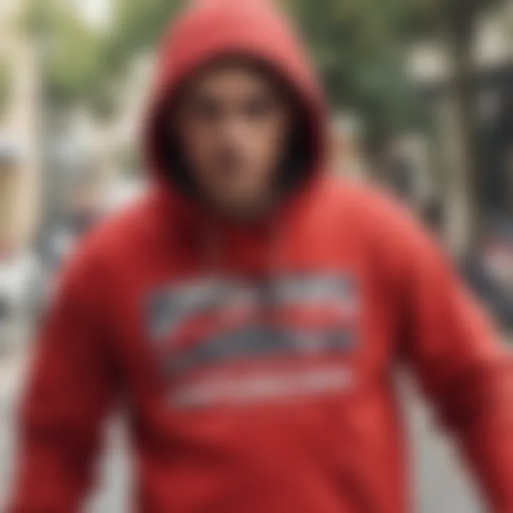 Close-up of a red hoodie with skateboarding graphics