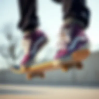 Purple Vans Hi Tops in Action A skateboarder performing a trick while wearing purple Vans hi tops, showcasing their performance in action.