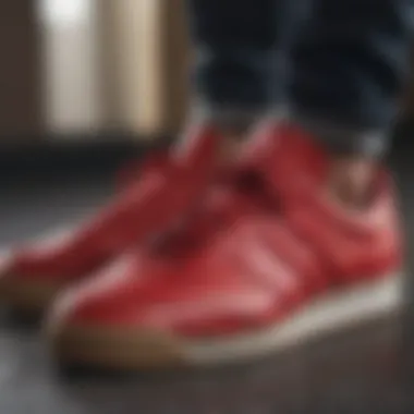 Close-up of red Adidas sneaker details