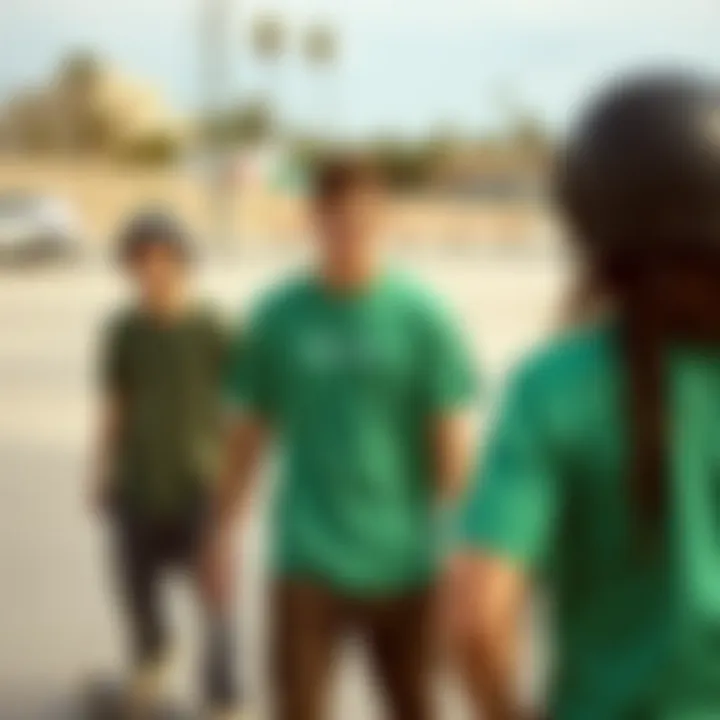 Skate Culture Embodied in RVCA Green Shirt Group of skaters wearing RVCA green shirt during a skate session