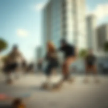 Community of Skateboarders Riding Shortys A group of skateboarders riding Shortys skateboards in an urban setting
