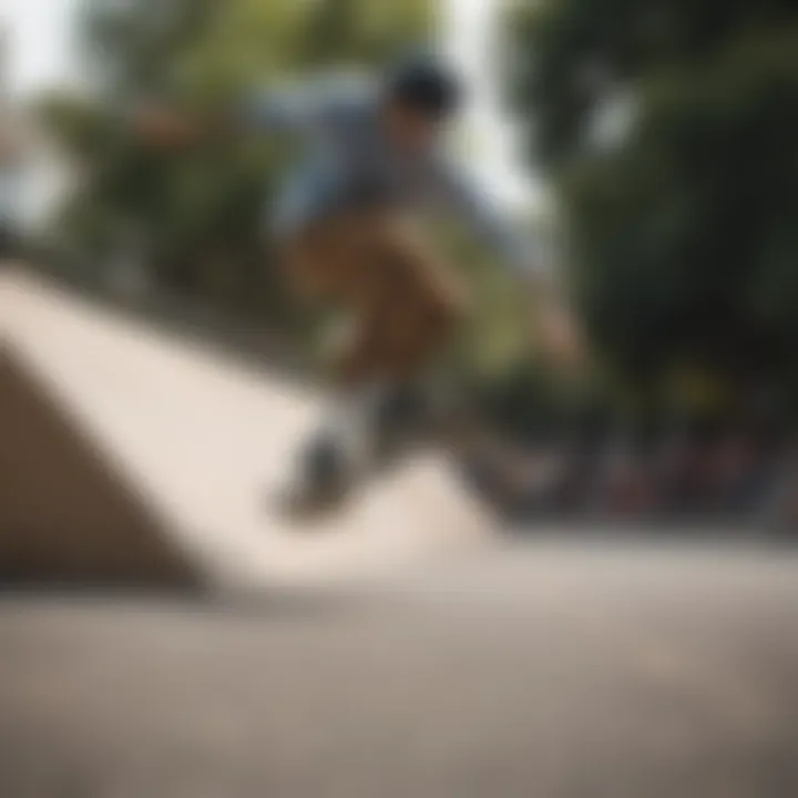 A skateboarder performing a trick while wearing skate lows.