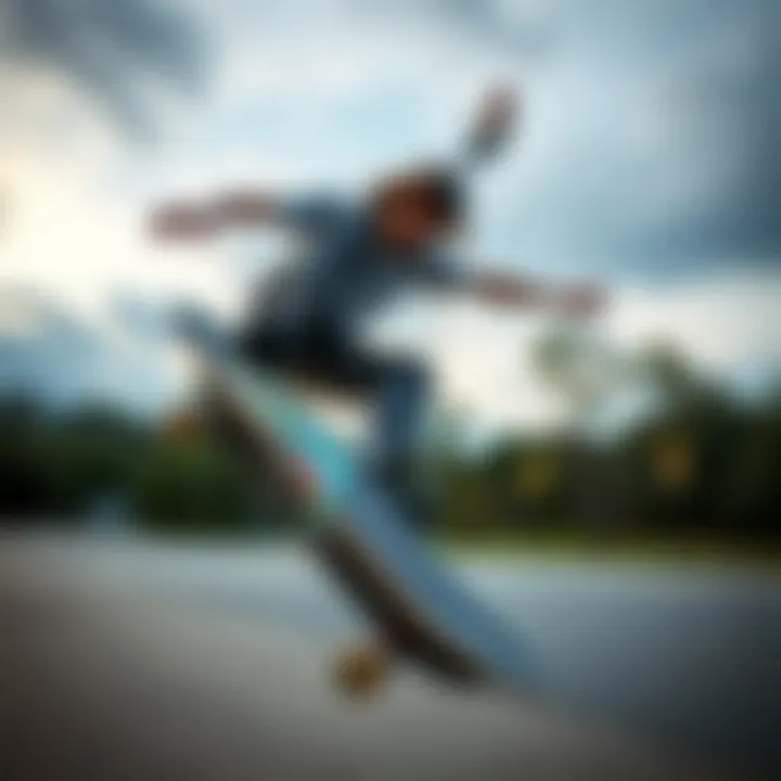 Skateboard Performance Highlighting Deck and Griptape A skateboarder performing tricks, emphasizing the importance of deck and griptape interaction.