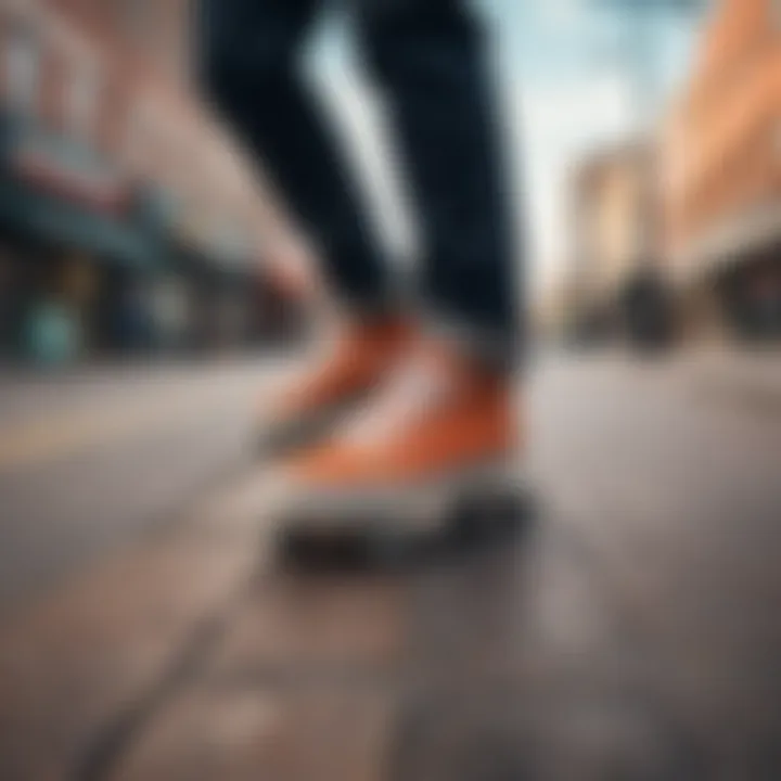 A skateboarder showcasing stylish boardwalk shoes on a vibrant urban street.