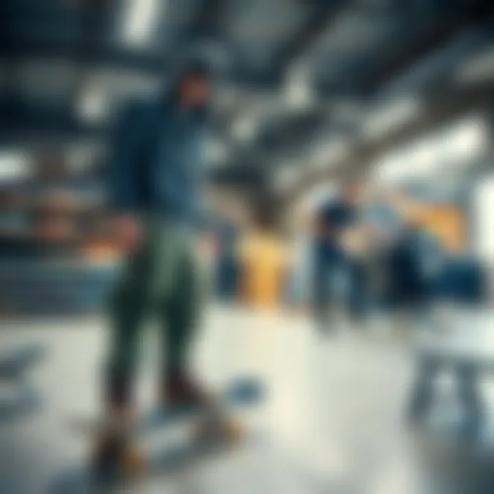 Testing New Gear at the Shop A skateboarder trying out a new board in a spacious skate shop environment