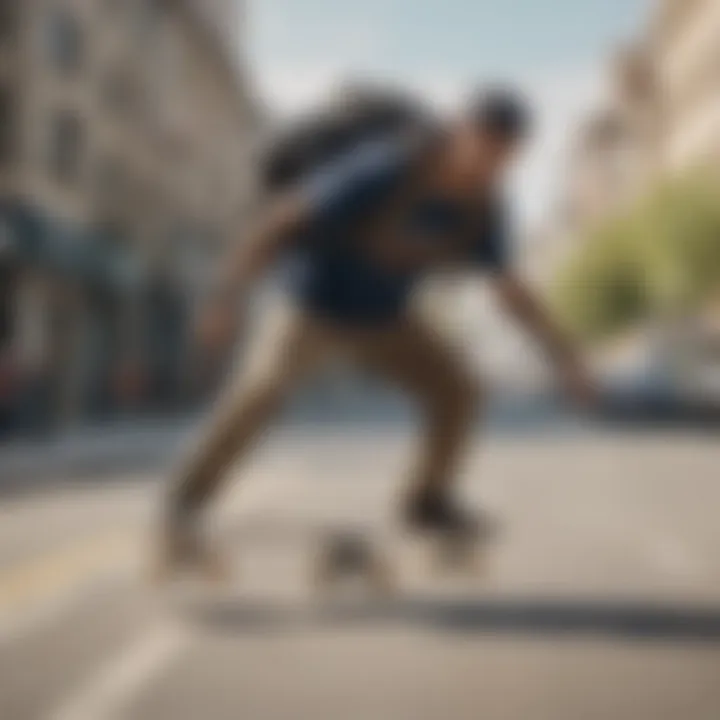 A skateboarder showcasing a backpack while performing a trick