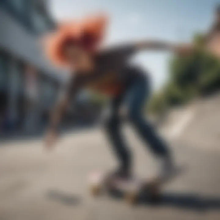 A skateboarder with vividly dyed hair performing a trick