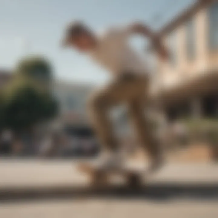 A skateboarder performing tricks in khaki pants