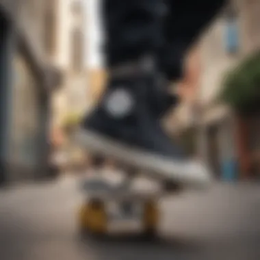 A skater performing tricks while wearing black high top Convers sneakers