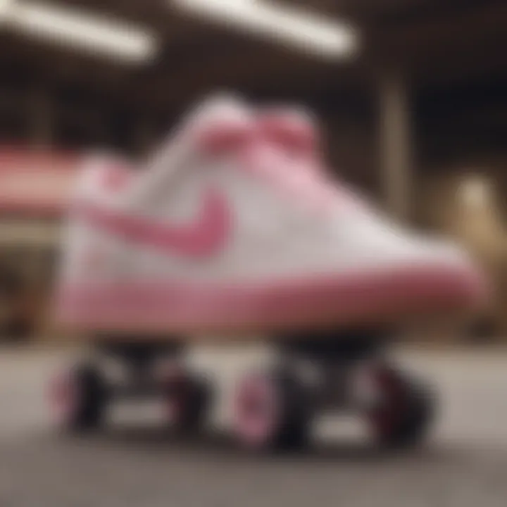 Nikes with pink swoosh showcased on skateboard