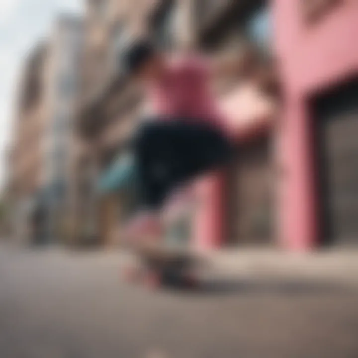 Skateboarder wearing Nikes with pink swoosh in urban environment