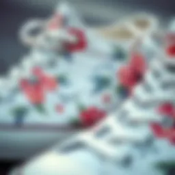 Close-up view of floral patterns on white Converse shoes