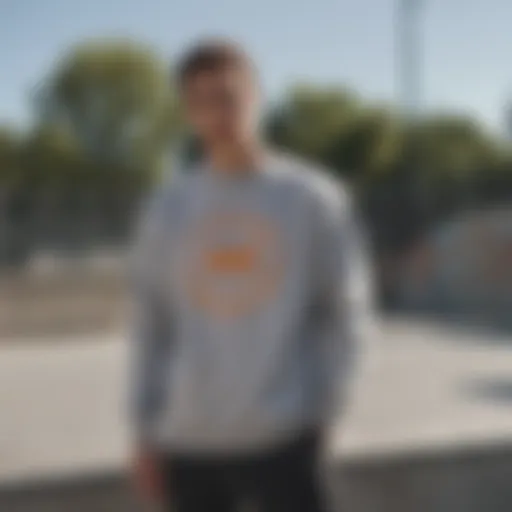 Grey Champion sweatshirt showcased in an urban skate park setting