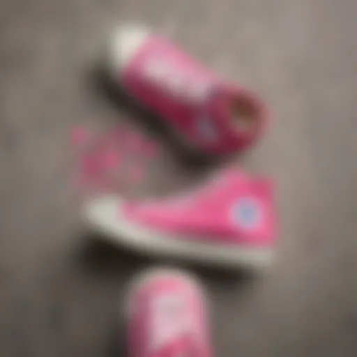 Vibrant pink Converse with heart designs on a skateboard