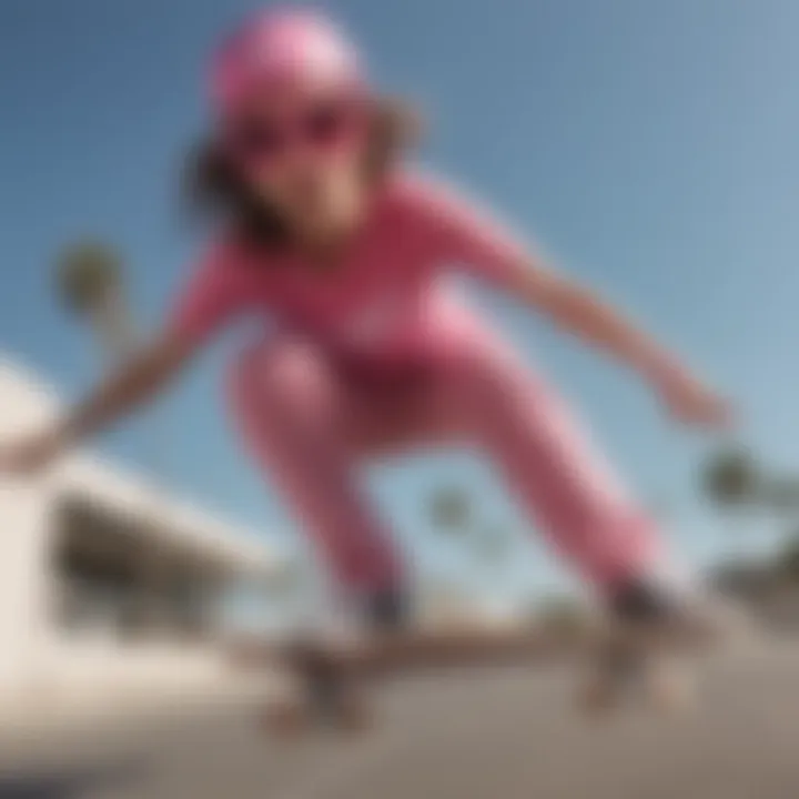 Skateboarder performing a trick while wearing pink star glasses