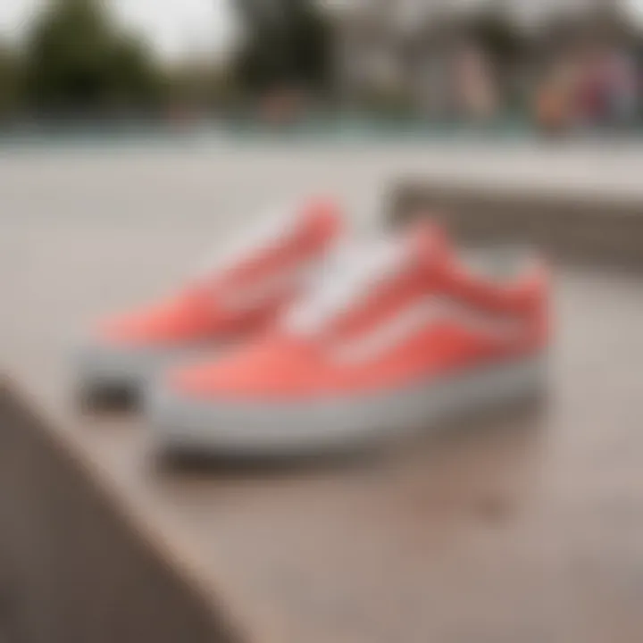 Skateboarder wearing Vans Old Skool Coral during a trick at a skate park