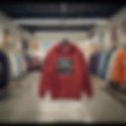 A vibrant collection of cute sweatshirts displayed in a skate shop