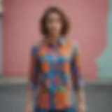 Colorful button down shirt with humorous print worn by skater