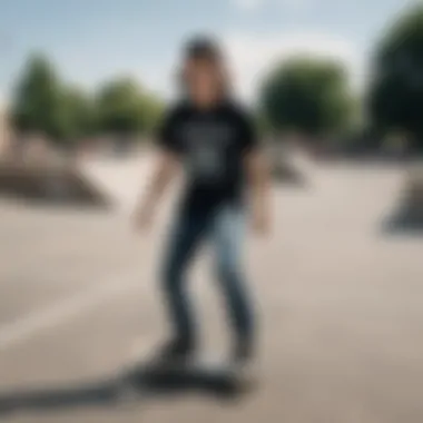 Skaters showcasing their unique graphic t-shirts at a skate park