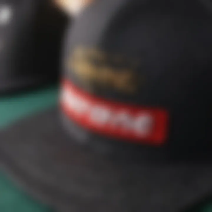 Close-up of the Supreme snapback hat's intricate design.