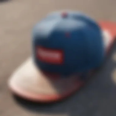 Supreme snapback hat displayed on a skateboard deck.