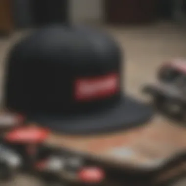 Supreme snapback hat alongside other skateboarding gear.