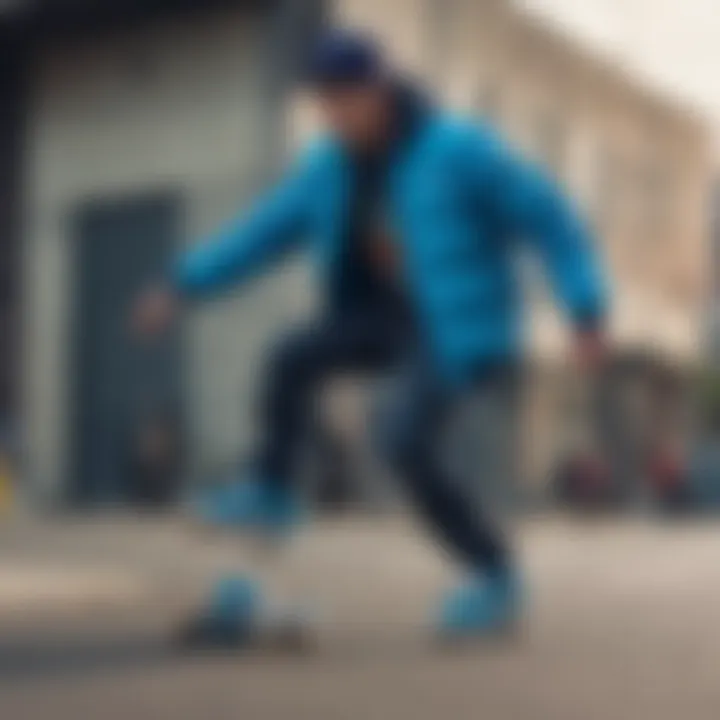 Skateboarder wearing a blue puff jacket during a trick