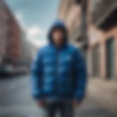 Stylish blue puff jacket displayed against an urban backdrop