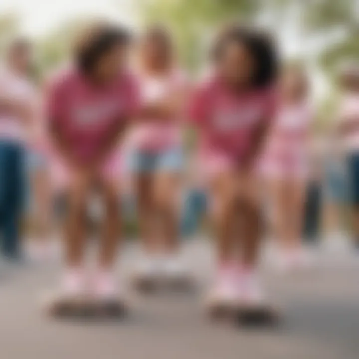 A group of diverse skaters in a park, all wearing all pink Vans