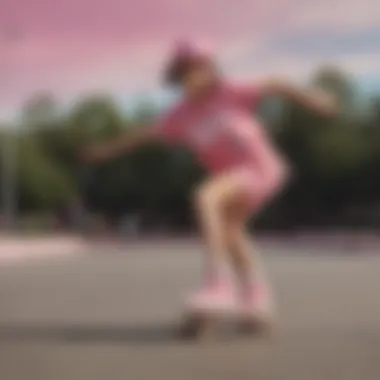 Skater performing a trick while wearing all pink Vans