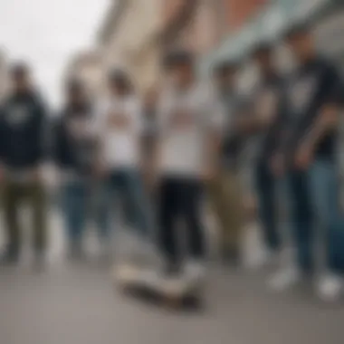 A group of skateboarders showcasing diverse streetwear styles.