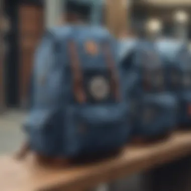 Variety of denim backpacks from leading brands displayed together