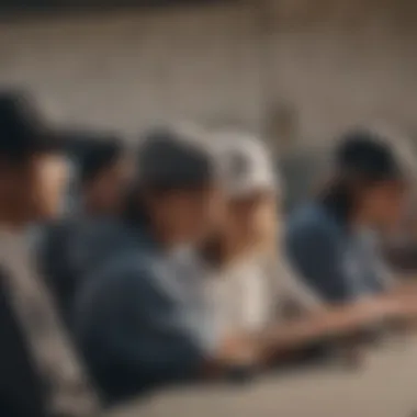 A group of skateboarders wearing exclusive dad hats at a skate park