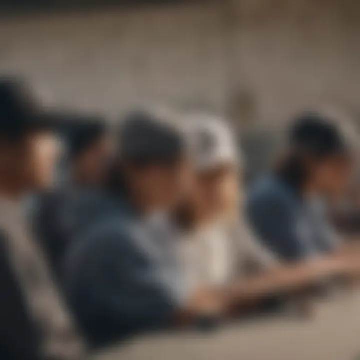 A group of skateboarders wearing exclusive dad hats at a skate park