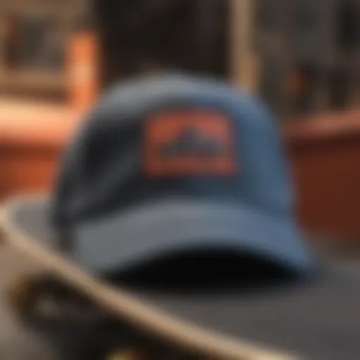 A collection of exclusive dad hats displayed on a skateboard