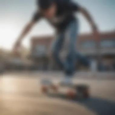 A skateboarder performing tricks while wearing mnml distressed jeans.