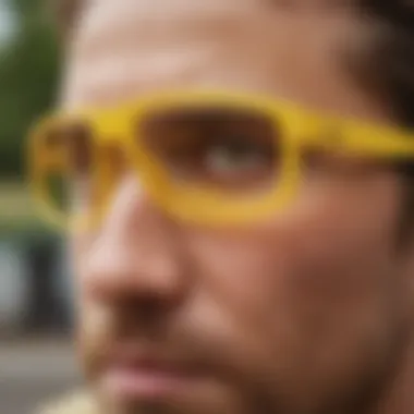 Close-up of yellow Oakley glasses showcasing lens technology