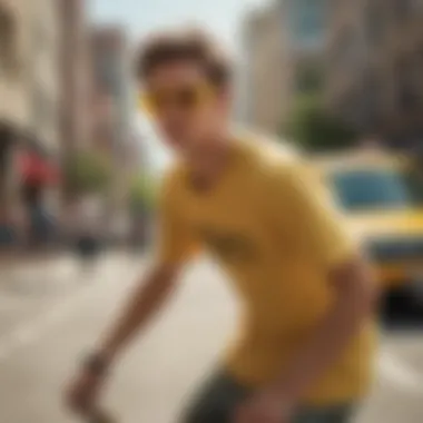 Skater wearing yellow Oakley glasses in an urban setting