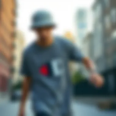 Skateboarder in Grey Champion T-Shirt A skateboarder showcasing the Grey Champion T-Shirt in an urban setting
