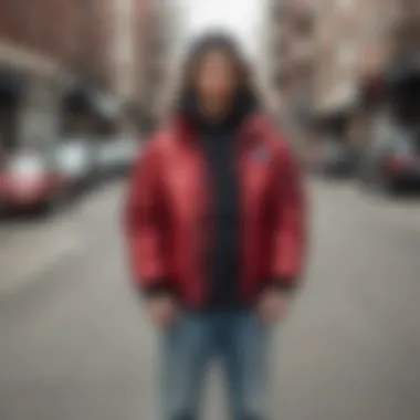 A model wearing The Hundreds puffer jacket styled in an urban setting, reflecting its streetwear culture.