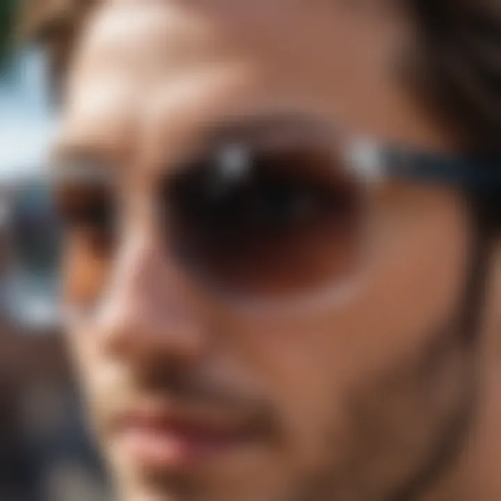 Close-up of clear sunglasses showcasing UV protection feature