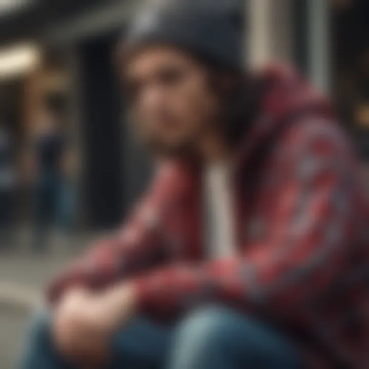 A skateboarder relaxing in a stylish flannel and hoodie, representing the lifestyle aspect of skate culture.