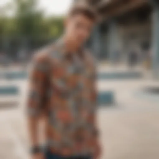 Vibrant printed button-up shirt in an urban skatepark setting.