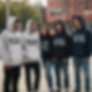 A group of friends hanging out in a skate park, all wearing different styles of New York City hoodies