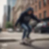 A skateboarder wearing a New York City hoodie performing a trick in an urban setting