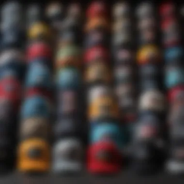 A group of different trucker hats displaying various patterns and colors