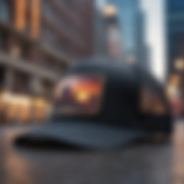 An elegantly styled trucker hat positioned against a modern urban backdrop