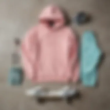 Flat lay of adidas pastel hoodie with skateboard and accessories